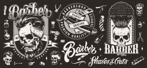 Fototapeten Barbershop vintage set emblems monochrome © DGIM studio