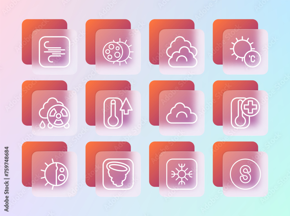 Sticker Set line Sun, Tornado, Cloud, Snowflake, Thermometer, Wind and Eclipse of the sun icon. Vector