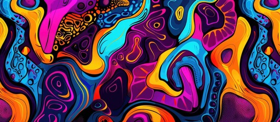 Abstract artistic motifs in a mesmerizing psychedelic style from the sixties on a vibrant neon-colored background for stylish design. - obrazy, fototapety, plakaty