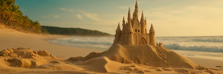 Sandcastle on the beach. Concept of summer vacation and travel. - obrazy, fototapety, plakaty