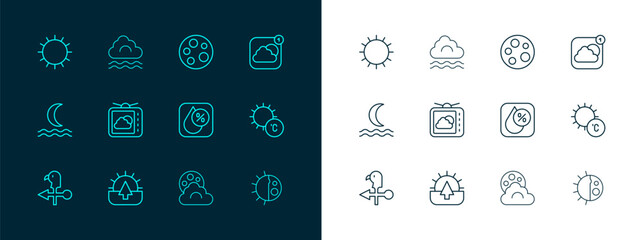 Set line Weather forecast app, Sunrise, Water drop percentage, Cloud with moon, Moon, and Fog and cloud icon. Vector - obrazy, fototapety, plakaty