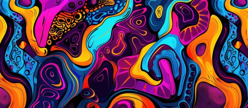 Abstract artistic motifs in a mesmerizing psychedelic style from the sixties on a vibrant neon-colored background for stylish design.