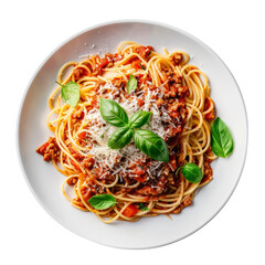 top view of a plate of spaghetti Bolognese, highlighting the rich meat sauce and garnished with Parmesan cheese and fresh basil.