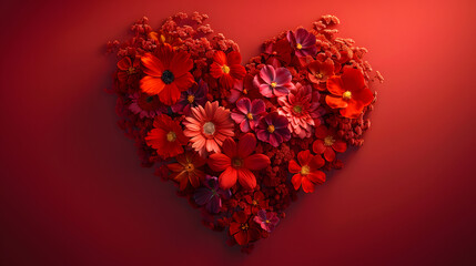 AI generated illustration of a red heart made of flowers on a red background