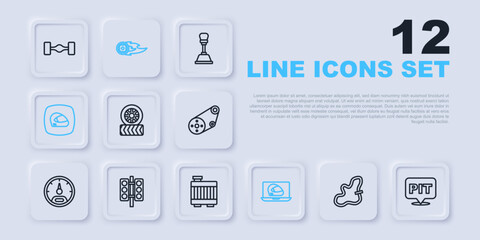 Set line Racing track, Pit stop, Car tire wheel, helmet, traffic light, Wheel fire flame and radiator cooling system icon. Vector