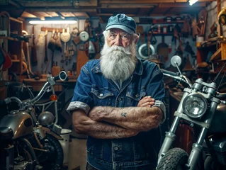 Poster Suggestive portrait of an old white-haired mechanic with cap standing in his vintage authentic bike shop among motorcycles. © Jumpystone