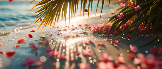 : Maldives beach vacation. View on ocean. Exotical flowers, petals under tropical palm. Beige sand texture. Shadow lights effect. Mock up for wedding ceremony, relax, honeymoon. Generative ai