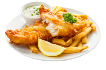 British fish and chips dish, crispy battered fish fillet and golden fries served on a white plate with tartar sauce and lemon wedges.
