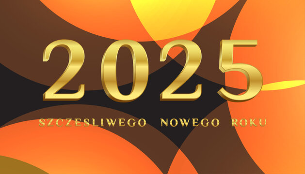 cartão ou banner para desejar um feliz ano novo 2025 em ouro sobre fundo preto com formas geométricas marrons, amarelas e laranja