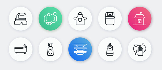 Set line Washing dishes, House, Bathtub, Dishwashing liquid bottle, Trash can, Kitchen apron, Sponge and Cleaning spray with detergent icon. Vector