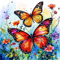 
Watercolor painting of beautiful colorful
butterflies and flowers illustration
