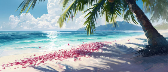 Maldives beach vacation. View on ocean. Exotical flowers, petals under tropical palm. Beige sand texture. Shadow lights effect. Mock up for wedding ceremony, relax, honeymoon. Generative ai