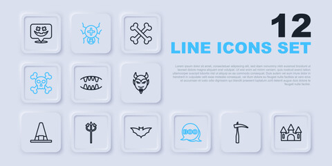 Set line Scythe, Castle, Vampire teeth, Boo speech bubble, Skull on crossbones, Trident devil, Spider and Flying bat icon. Vector
