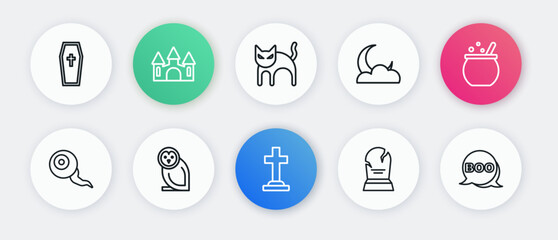 Set line Tombstone with cross, Halloween witch cauldron, Eye, RIP written, Moon and stars, Black cat, Boo speech bubble and Owl bird icon. Vector
