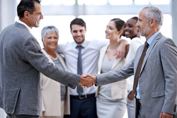 Business people, boss or shaking hands for deal, b2b collaboration or teamwork in office....