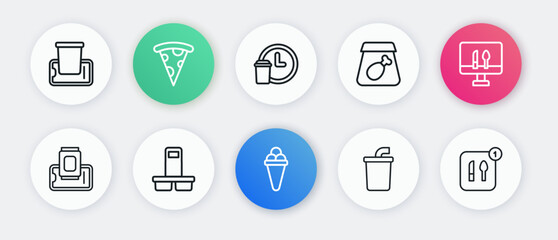 Set line Ice cream in waffle, Online ordering food, Food on mobile, Paper glass with water, meal, Round the clock delivery, and Coffee cup to go icon. Vector