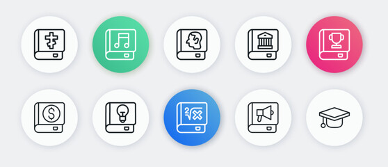 Set line Book with mathematics, Financial book, Law, Graduation cap and User manual icon. Vector