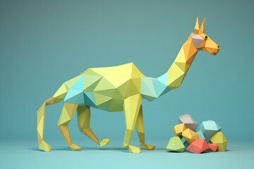Abstract Low Poly Yellow Giraffe Amidst Blue and Green Rocks in a Minimalistic Design