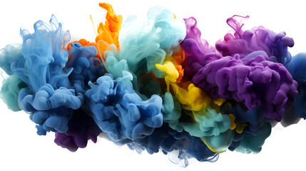 Cascades of cobalt and chartreuse smoke colliding in a dynamic explosion of color on a solid white backdrop - obrazy, fototapety, plakaty