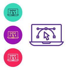 Set line Computer display with vector design program icon isolated on isolated on white background. Photo editor software with user interface. Set icons colorful. Vector