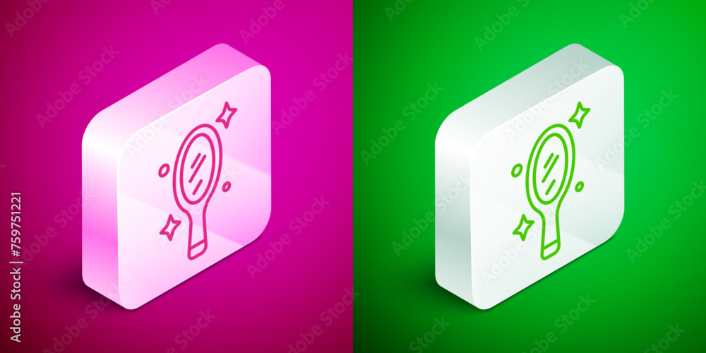 Sticker Isometric line Magic hand mirror icon isolated on pink and green background. Silver square button. Vector