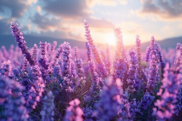 A field of purple flowers with a bright sun shining on them