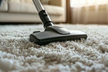 A black vacuum cleaner is on white carpet