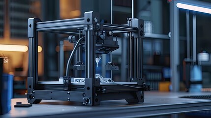 a 3D printer in action, showcasing the intricate details and technical engineering style characteristic of the process, the layers being built up and the precision of the printing mechanism.