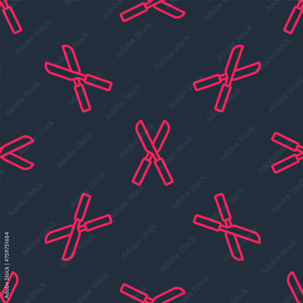 Poster red line gardening handmade scissors for trimming icon isolated seamless pattern on black background