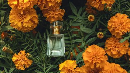 Perfume bottle in flowers, fragrance on blooming background, floral scent and cosmetic product - obrazy, fototapety, plakaty