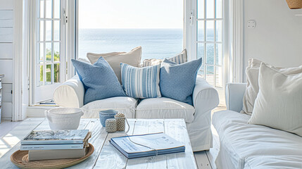 Coastal cottage sitting room, white living room interior design and country house home decor, sofa and lounge furniture, English countryside style