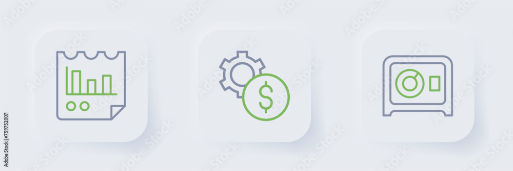 Poster set line safe, gear with dollar symbol and document graph chart icon. vector