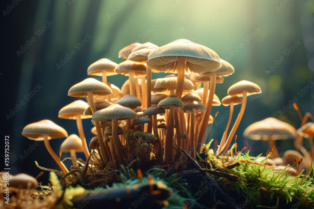 Poster mushrooms in the forest. background with selective focus and copy space