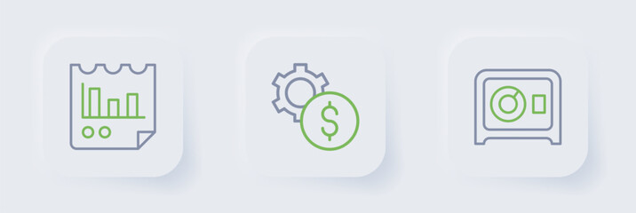 Set line Safe, Gear with dollar symbol and Document graph chart icon. Vector