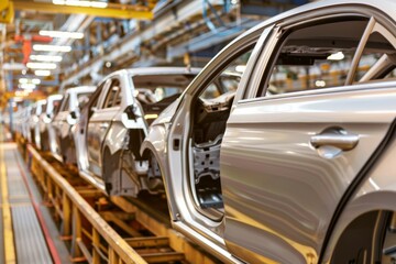 A line of cars are being built in a factory