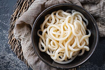 Artisanal Udon Noodles, Overhead View on Wooden Background
