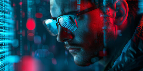 The image hints at secrecy with its dramatic shadowing of a person set against the backdrop of neon lights and bokeh effects