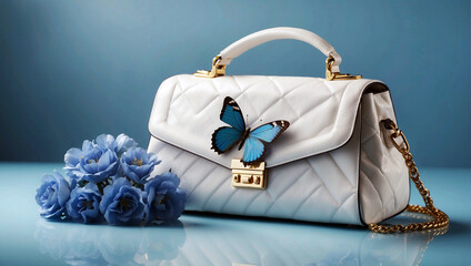 elegant white female handbag with imitation of blue butterfly and blue flowers like woman fashion and accessory concept 