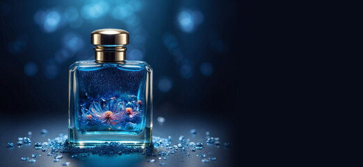 blue perfume bottle with glass flowers over romantic bokeh background with copy space like fashion concept of magic potion perfume