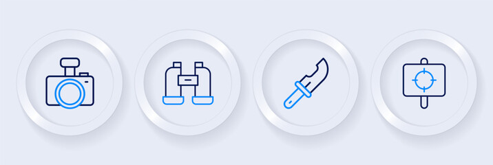 Set line Target sport, Hunter knife, Binoculars and Photo camera icon. Vector
