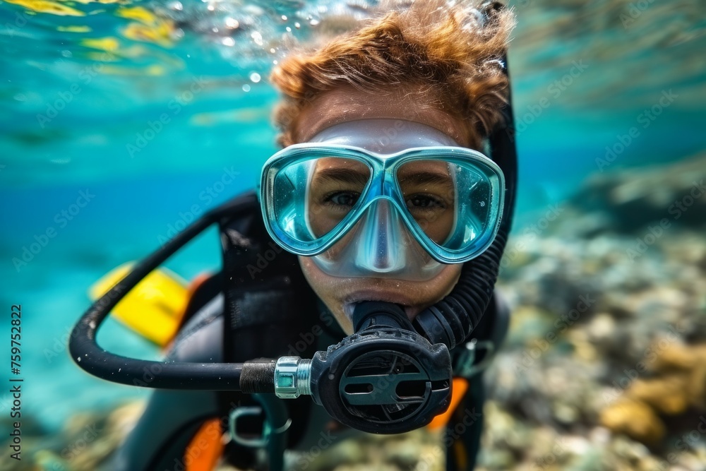 Poster child at diving lessons. background with selective focus and copy space