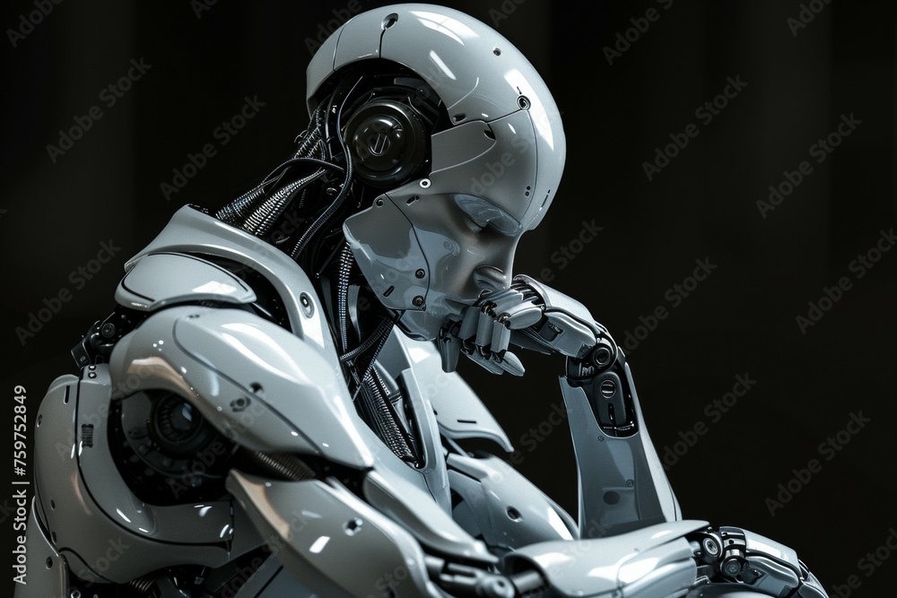 Poster robot is sitting on the ground with its hands on its knees. the robot thinks or reflects in search o