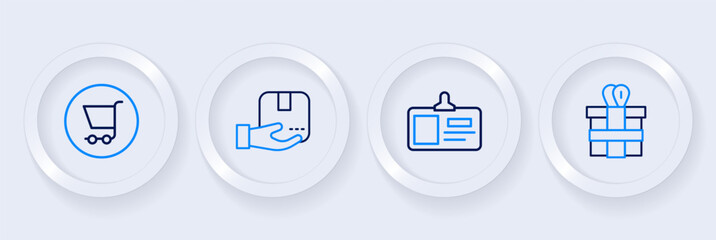 Fototapeta premium Set line Gift box, Identification badge, Delivery hand with and Shopping cart icon. Vector