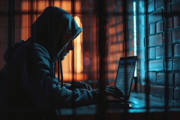 A man is sitting in front of a laptop computer in a dark room. Prisoner hacker in prison - obrazy, fototapety, plakaty