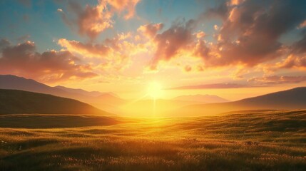 Fototapeta na wymiar Golden Sunrise Over Lush Grassland