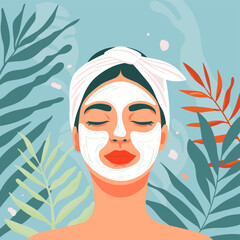 Vector illustration of young woman with facial mask on her face. Facial skin care concept.