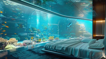 an incredible futuristic underwater bedroom, featuring a vast panoramic view of tropical fishes and a vibrant reef.