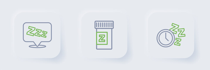 Set line Alarm clock, Sleeping pill and Sleepy icon. Vector