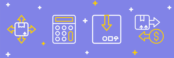 Set line Tax cardboard box, Carton, Calculator and icon. Vector