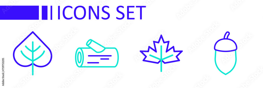 Canvas Prints Set line Acorn, Canadian maple leaf, Wooden log and Leaf icon. Vector